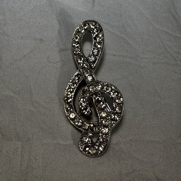 Treble Clef Rhinestone Brooch Pin Silver Tone Music Lovers Gift Elegant Jewelry - Picture 2 of 5